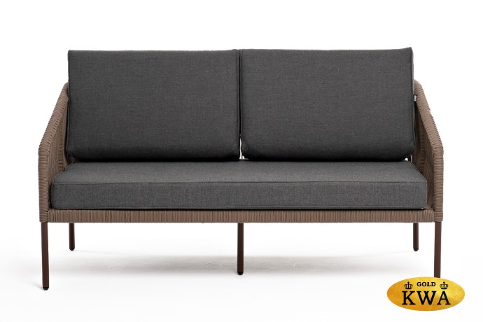 "Канны" диван 2-местный плетеный из роупа, каркас алюминий коричневый (RAL8016), роуп коричневый круглый, ткань темно-серая