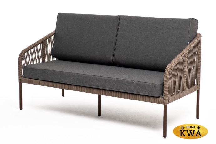 "Канны" диван 2-местный плетеный из роупа, каркас алюминий коричневый (RAL8016), роуп коричневый круглый, ткань темно-серая