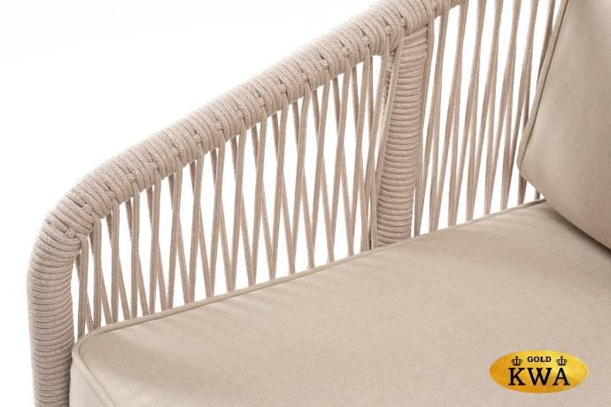 "Канны" диван 2-местный плетеный из роупа, каркас алюминий белый, роуп бежевый круглый, ткань бежевая