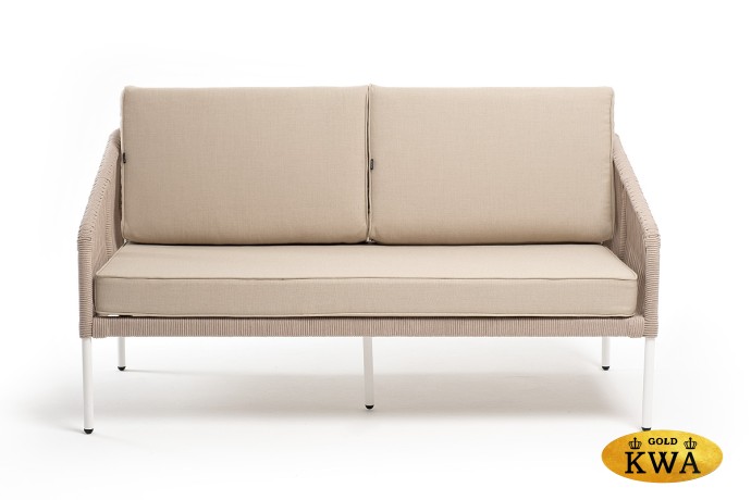 "Канны" диван 2-местный плетеный из роупа, каркас алюминий белый, роуп бежевый круглый, ткань бежевая