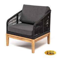 "Канны" кресло плетеное из роупа, основание дуб, роуп темно-серый круглый, ткань темно-серая 019