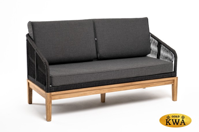 "Канны" диван 2-местный плетеный из роупа, основание дуб, роуп темно-серый круглый, ткань темно-серая 019