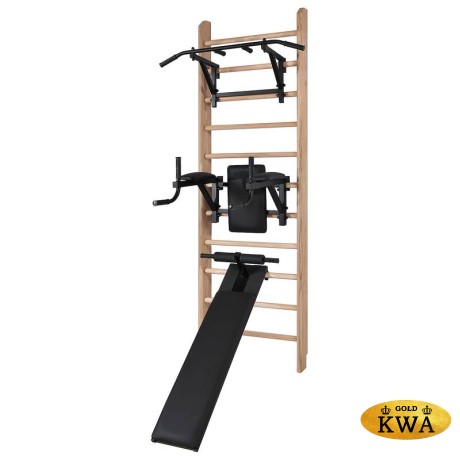 Шведская стенка деревянная из массива дуба - ДУБ - Т - БП - ДВ (стенка + турник + брусья с подлокотниками + доска с валиками для пресса)