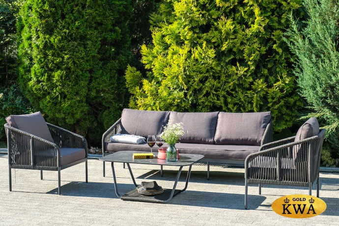 "Канны" диван 3-местный плетеный из роупа, каркас алюминий темно-серый (RAL7024) шагрень, роуп темно-серый круглый, ткань Savana Grafit