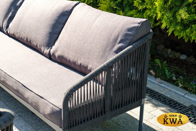 "Канны" диван 3-местный плетеный из роупа, каркас алюминий темно-серый (RAL7024) шагрень, роуп темно-серый круглый, ткань Savana Grafit