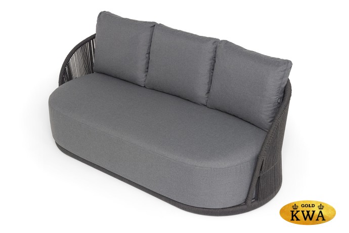 "Монтелла" диван 3-местный плетеный из роупа, каркас алюминий темно-серый (RAL7024) муар, роуп темно-серый круглый, ткань темно-серая 027