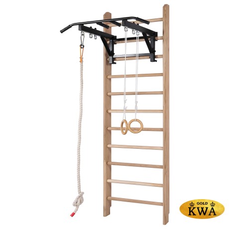 Шведская стена деревянная из массива дуба - ДУБ - СТ+ (стенка + турник семейный + канат + кольца деревянные)