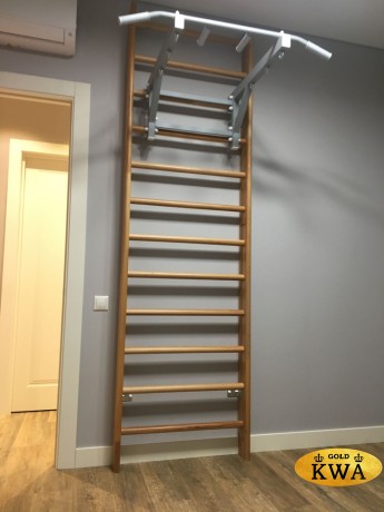 Шведская стена деревянная из массива дуба - ДУБ - СТ+ (стенка + турник семейный + канат + кольца деревянные)