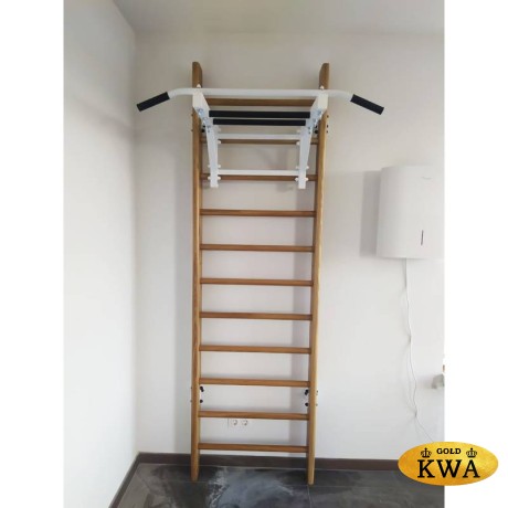 Шведская стена деревянная из массива дуба - ДУБ - СТ+ (стенка + турник семейный + канат + кольца деревянные)