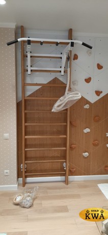 Шведская стена деревянная из массива дуба - ДУБ - СТ+ (стенка + турник семейный + канат + кольца деревянные)