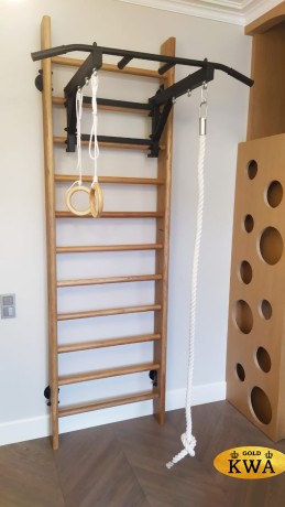 Шведская стена деревянная из массива дуба - ДУБ - СТ+ (стенка + турник семейный + канат + кольца деревянные)