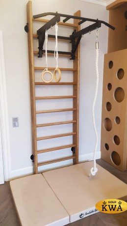 Шведская стена деревянная из массива дуба - ДУБ - СТ+ (стенка + турник семейный + канат + кольца деревянные)