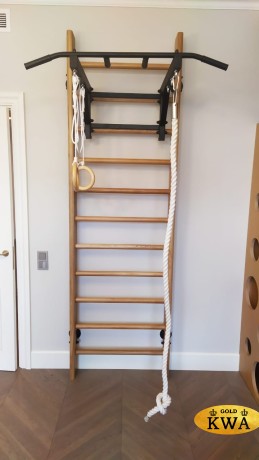 Шведская стена деревянная из массива дуба - ДУБ - СТ+ (стенка + турник семейный + канат + кольца деревянные)