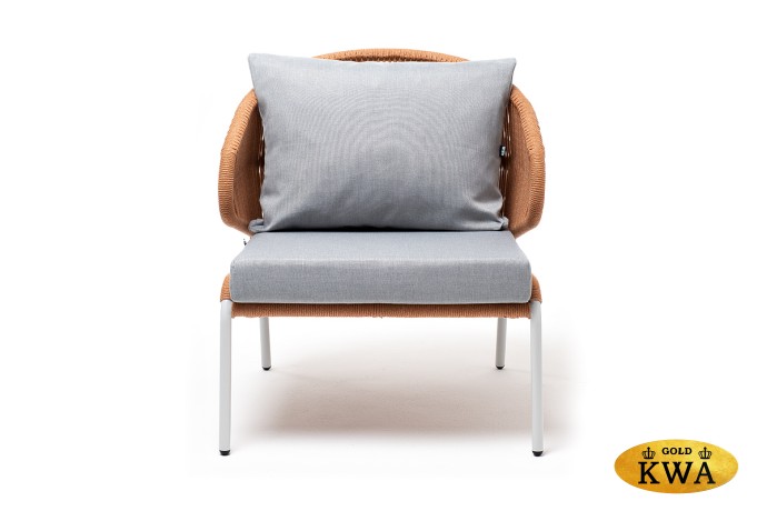 "Милан" кресло плетеное из роупа, каркас алюминий светло-серый (RAL7035) муар, роуп оранжевый меланж круглый, ткань светло-серая