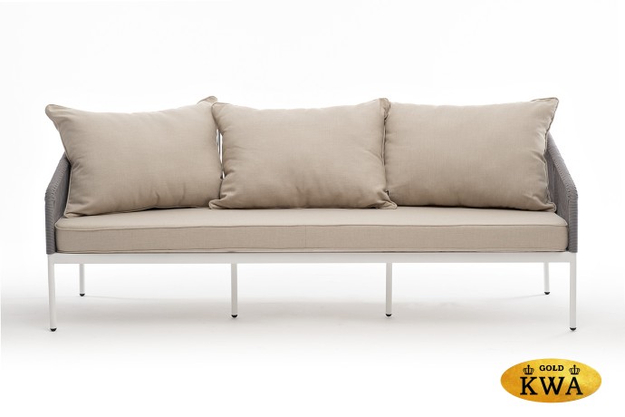 "Канны" диван 3-местный плетеный из роупа, каркас алюминий белый шагрень, роуп светло-серый круглый, ткань бежевая