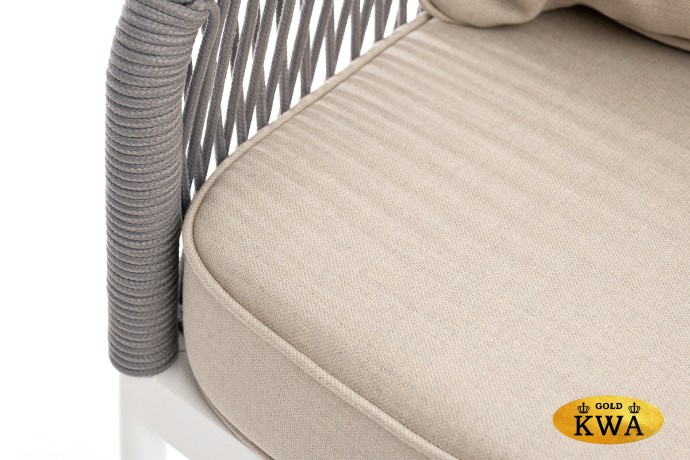 "Канны" диван 3-местный плетеный из роупа, каркас алюминий белый шагрень, роуп светло-серый круглый, ткань бежевая