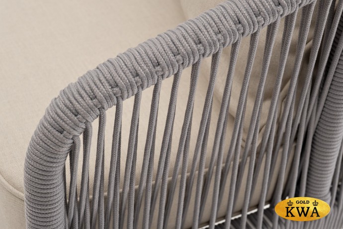 "Канны" диван 3-местный плетеный из роупа, каркас алюминий белый шагрень, роуп светло-серый круглый, ткань бежевая