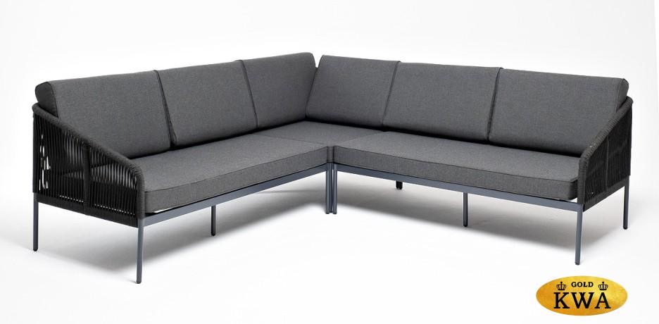 "Канны" диван модульный плетеный из роупа, каркас алюминий темно-серый (RAL7024), роуп темно-серый круглый, ткань темно-серая