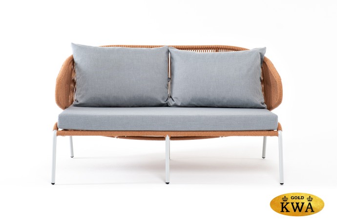 "Милан" диван 2-местный плетеный из роупа, каркас алюминий светло-серый (RAL7035) муар, роуп оранжевый меланж круглый, ткань светло-серая