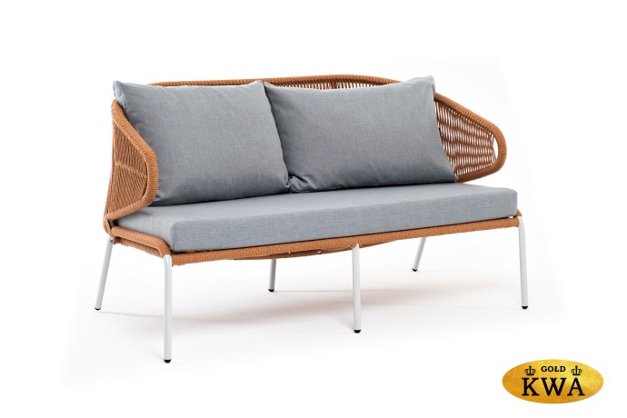 "Милан" диван 2-местный плетеный из роупа, каркас алюминий светло-серый (RAL7035) муар, роуп оранжевый меланж круглый, ткань светло-серая