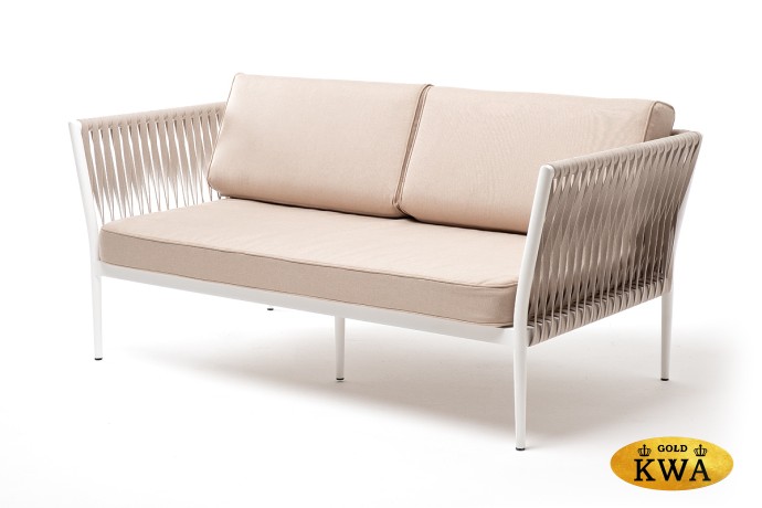"Касабланка" диван 2-местный плетеный из роупа, каркас алюминий светло-серый (RAL7035) шагрень, роуп серо-коричневый 23мм, ткань бежевая интерьерная