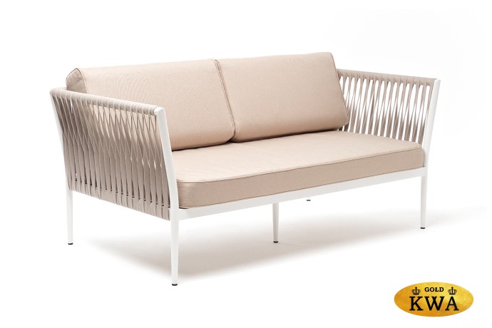 "Касабланка" диван 2-местный плетеный из роупа, каркас алюминий светло-серый (RAL7035) шагрень, роуп серо-коричневый 23мм, ткань бежевая интерьерная