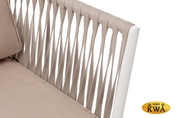 "Касабланка" диван 2-местный плетеный из роупа, каркас алюминий светло-серый (RAL7035) шагрень, роуп серо-коричневый 23мм, ткань бежевая интерьерная