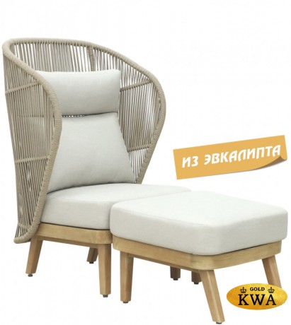 Лаунж-кресло плетеное с высокой спинкой и пуфом