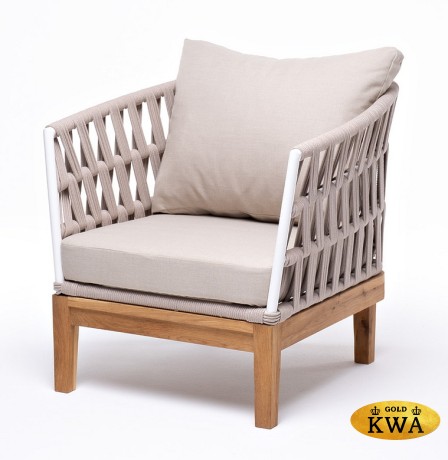 "Диего" кресло плетеное из роупа, основание дуб, каркас алюминий светло-серый (RAL7035) шагрень, роуп бежевый круглый, ткань бежевая 15052