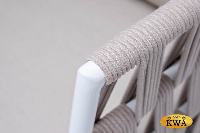 "Диего" кресло плетеное из роупа, основание дуб, каркас алюминий светло-серый (RAL7035) шагрень, роуп бежевый круглый, ткань бежевая 15052