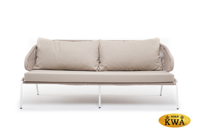 "Милан" диван 3-местный плетеный из роупа, каркас алюминий белый муар, роуп бежевый круглый, ткань бежевая 052