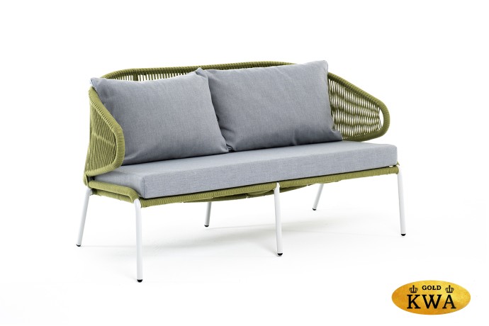 "Милан" диван 2-местный плетеный из роупа, каркас алюминий светло-серый (RAL7035) муар, роуп салатовый меланж круглый, ткань светло-серая