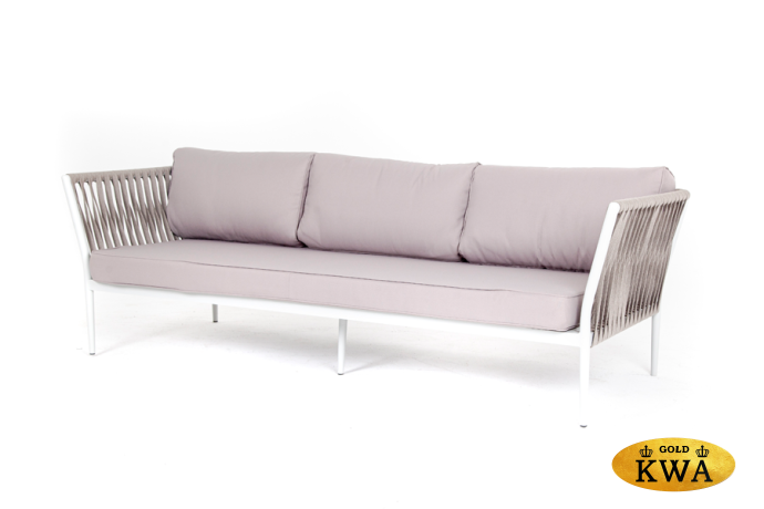 "Касабланка" диван 3-местный плетеный из роупа, каркас алюминий светло-серый (RAL7035) шагрень, роуп серо-коричневый 23мм, ткань Savana ivory