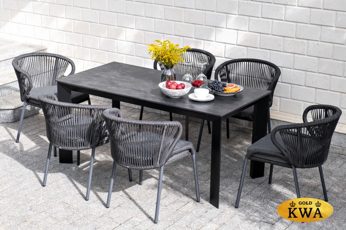 "Милан" стул плетеный из роупа, каркас алюминий темно-серый (RAL7024) шагрень, роуп темно-серый круглый, ткань темно-серая 019