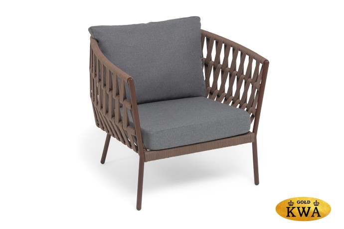 "Диего" кресло плетеное из роупа, каркас алюминий коричневый (RAL8016) муар, роуп коричневый круглый, ткань темно-серая 027