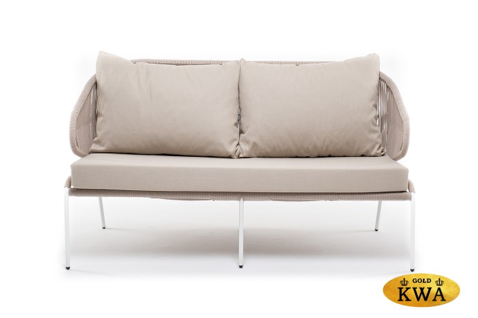 "Милан" диван 2-местный плетеный из роупа, каркас алюминий белый, роуп бежевый круглый, ткань бежевая