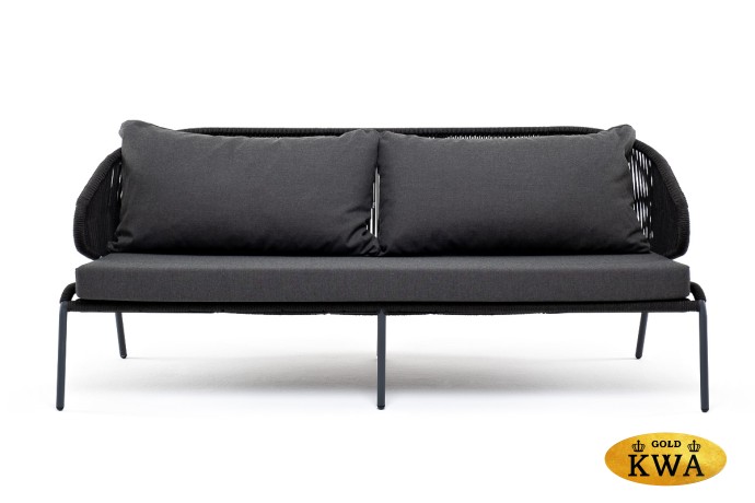 "Милан" диван 3-местный плетеный из роупа, каркас алюминий темно-серый (RAL7024), роуп темно-серый круглый, ткань темно-серая