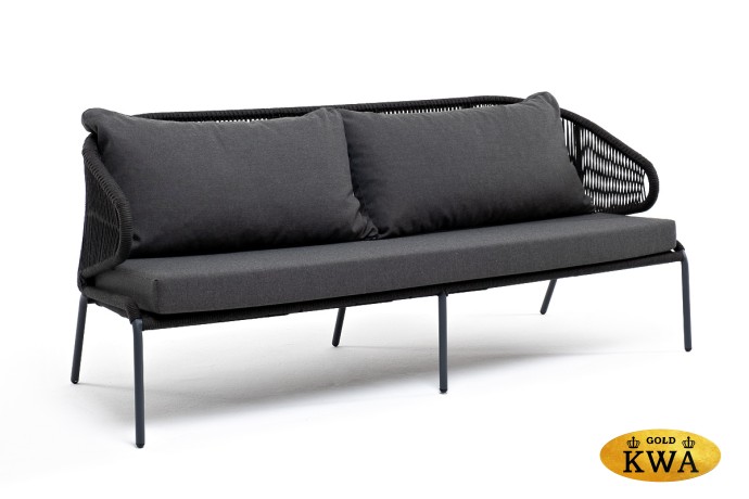 "Милан" диван 3-местный плетеный из роупа, каркас алюминий темно-серый (RAL7024), роуп темно-серый круглый, ткань темно-серая