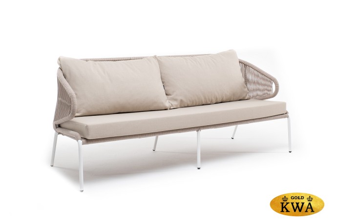 "Милан" диван 3-местный плетеный из роупа, каркас алюминий белый, роуп бежевый круглый, ткань бежевая