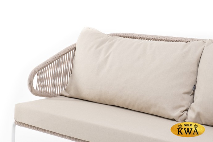 "Милан" диван 3-местный плетеный из роупа, каркас алюминий белый, роуп бежевый круглый, ткань бежевая