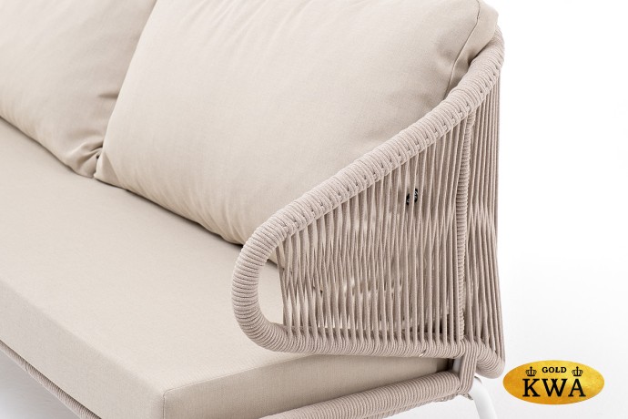 "Милан" диван 3-местный плетеный из роупа, каркас алюминий белый, роуп бежевый круглый, ткань бежевая