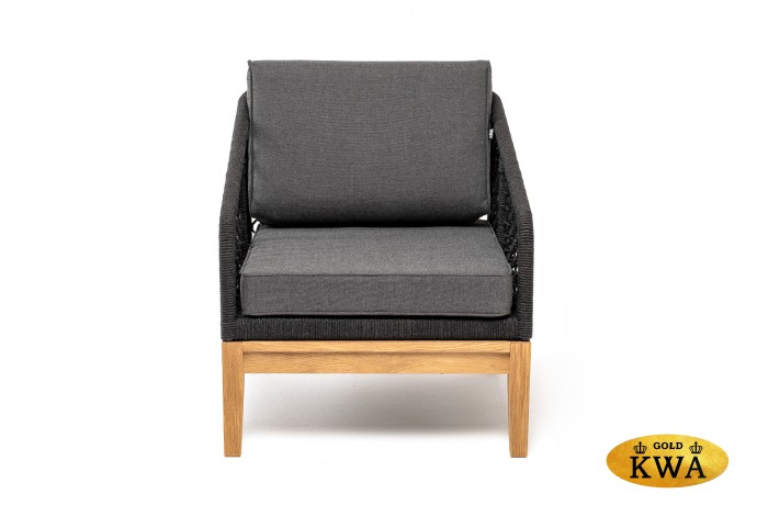 "Канны" кресло плетеное из роупа (узелки), основание дуб, роуп темно-серый круглый, ткань серая