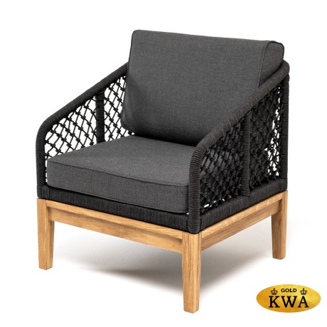 "Канны" кресло плетеное из роупа (узелки), основание дуб, роуп темно-серый круглый, ткань серая