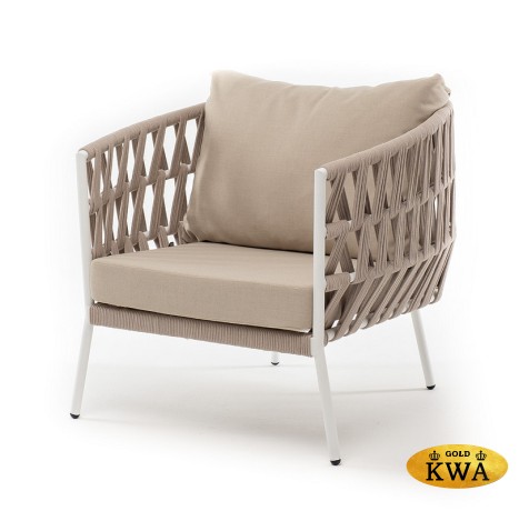 "Диего" кресло плетеное из роупа, каркас алюминий белый муар, роуп бежевый круглый, ткань бежевая 052