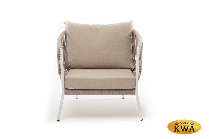 "Диего" кресло плетеное из роупа, каркас алюминий белый муар, роуп бежевый круглый, ткань бежевая 052