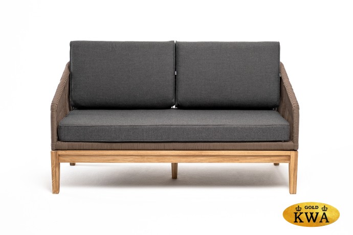 "Канны" диван 2-местный плетеный из роупа, основание дуб, роуп коричневый круглый, ткань темно-серая