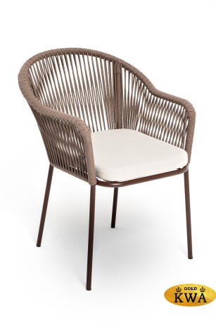 "Лион" стул плетеный из роупа, каркас из стали коричневый (RAL8016) муар, роуп коричневый круглый, ткань бежевая 15052