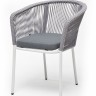 "Марсель" стул плетеный из роупа, каркас алюминий белый муар, роуп светло-серый круглый, ткань светло-серая