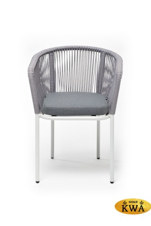 "Марсель" стул плетеный из роупа, каркас алюминий белый муар, роуп светло-серый круглый, ткань светло-серая