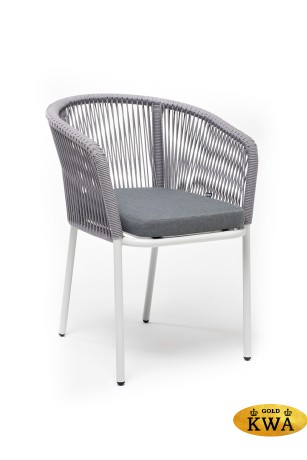 "Марсель" стул плетеный из роупа, каркас алюминий белый муар, роуп светло-серый круглый, ткань светло-серая